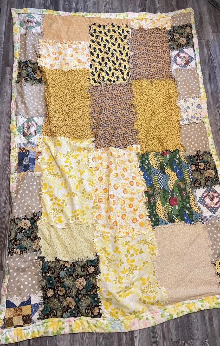 Handmade Patchwork Quilt Blanket Yellow Floral Multicolor Country Rag Throw